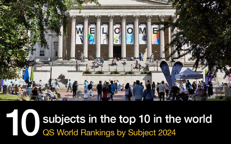 Image of С̳ portico with text: 10 subjects ranked in the top 10 in the world, QS World University Rankings by Subject